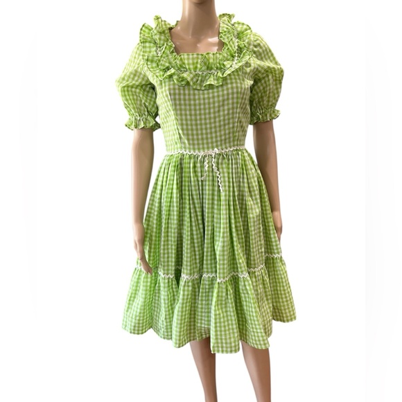 Vintage 60’s Handmade Puffy Sleeve green  Gingham Full Square swing Dance Dress - Picture 1 of 9